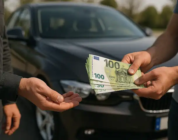 Ein Kunde erhält Bargeld als Teil des Autoankaufs in Lippstadt.